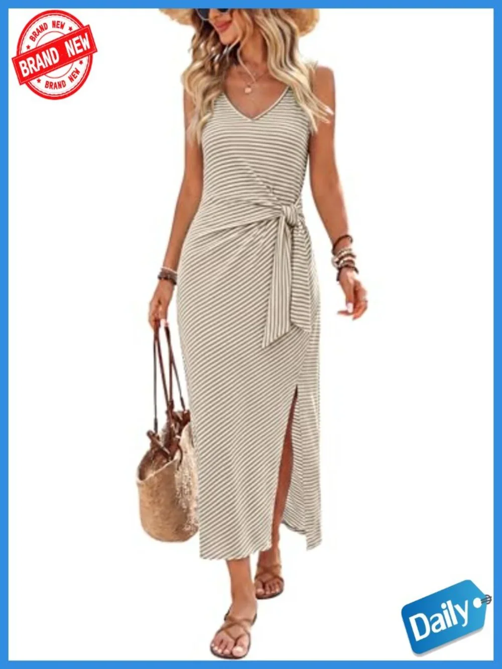 V Neck Sleeveless Wrap Midi Dress with Side Slit Tie Waist